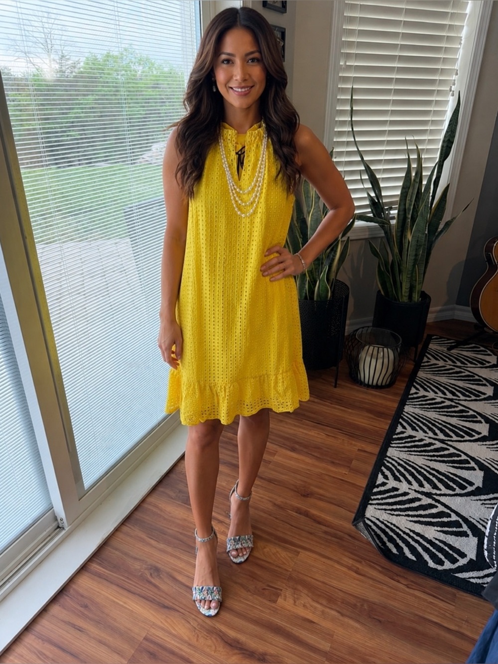 New York & Company Bright Yellow Eyelet Midi Dress size large